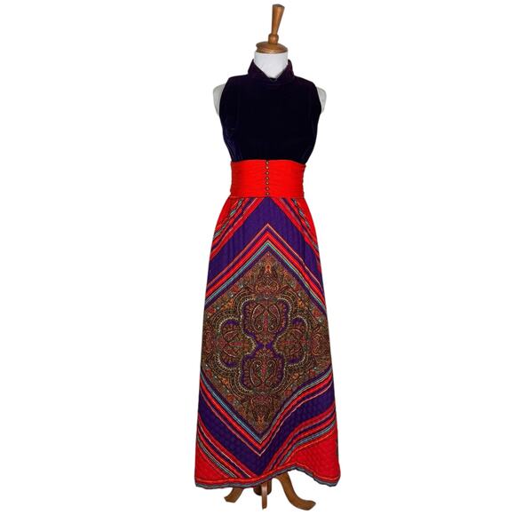 60s Velvet Bodice Quilted Skirt Maxi Dress Boho Paisley Vintage Gown - Picture 8 of 8